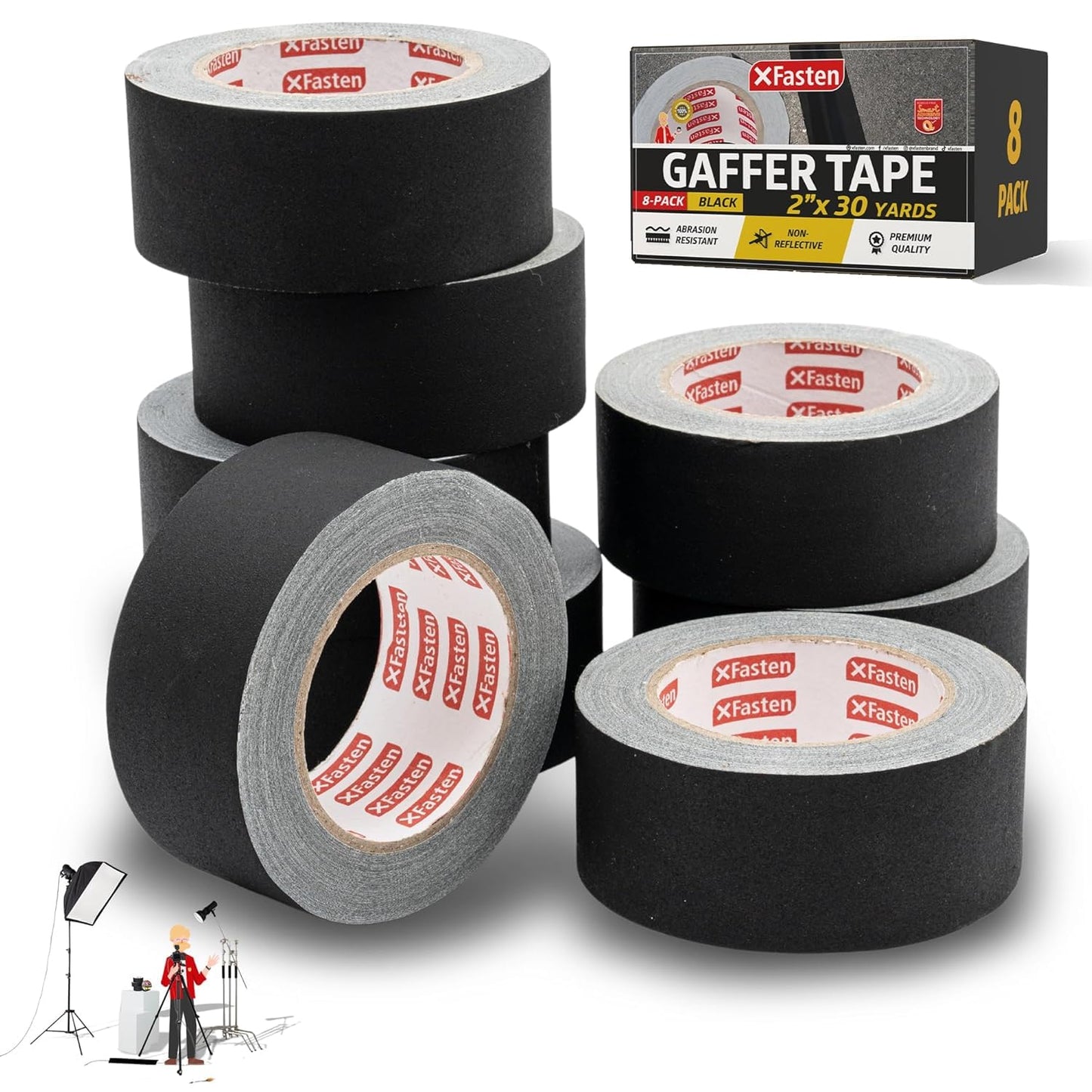 XFasten Black Gaffers Tape - Heavy-Duty, Residue-Free, 30 Yards
