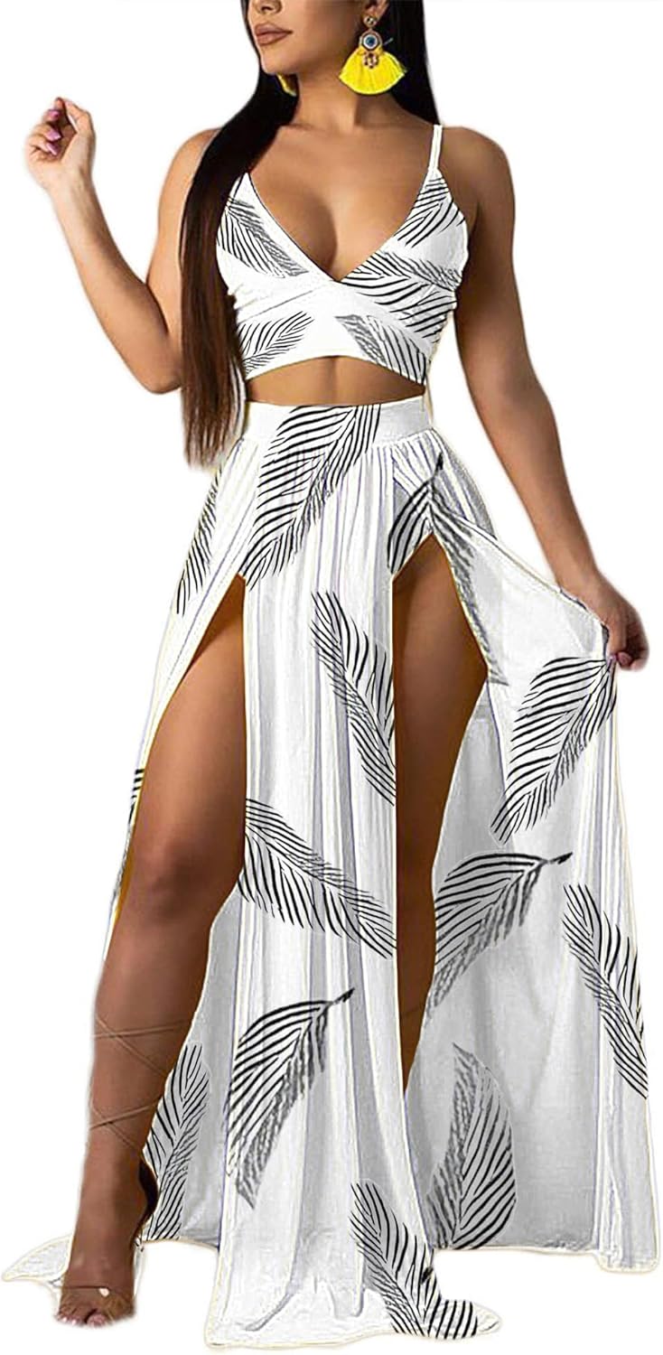 Women Sexy 2 Piece Outfits Dress Chiffon Deep V Neck Set