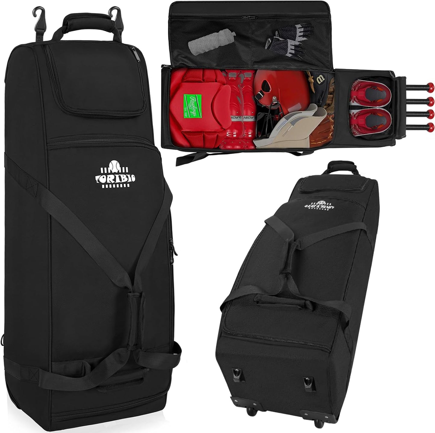 TORIBIO Large Rolling Baseball Bag with Wheels for Gear Storage