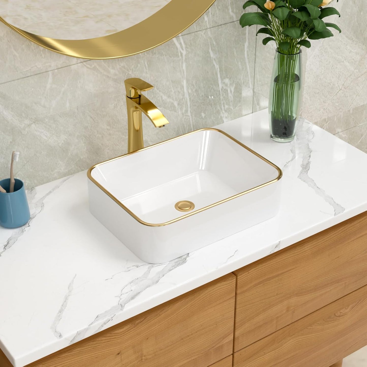 Elegant 19 Inch Rectangular Vessel Sink with Gold Trim Design