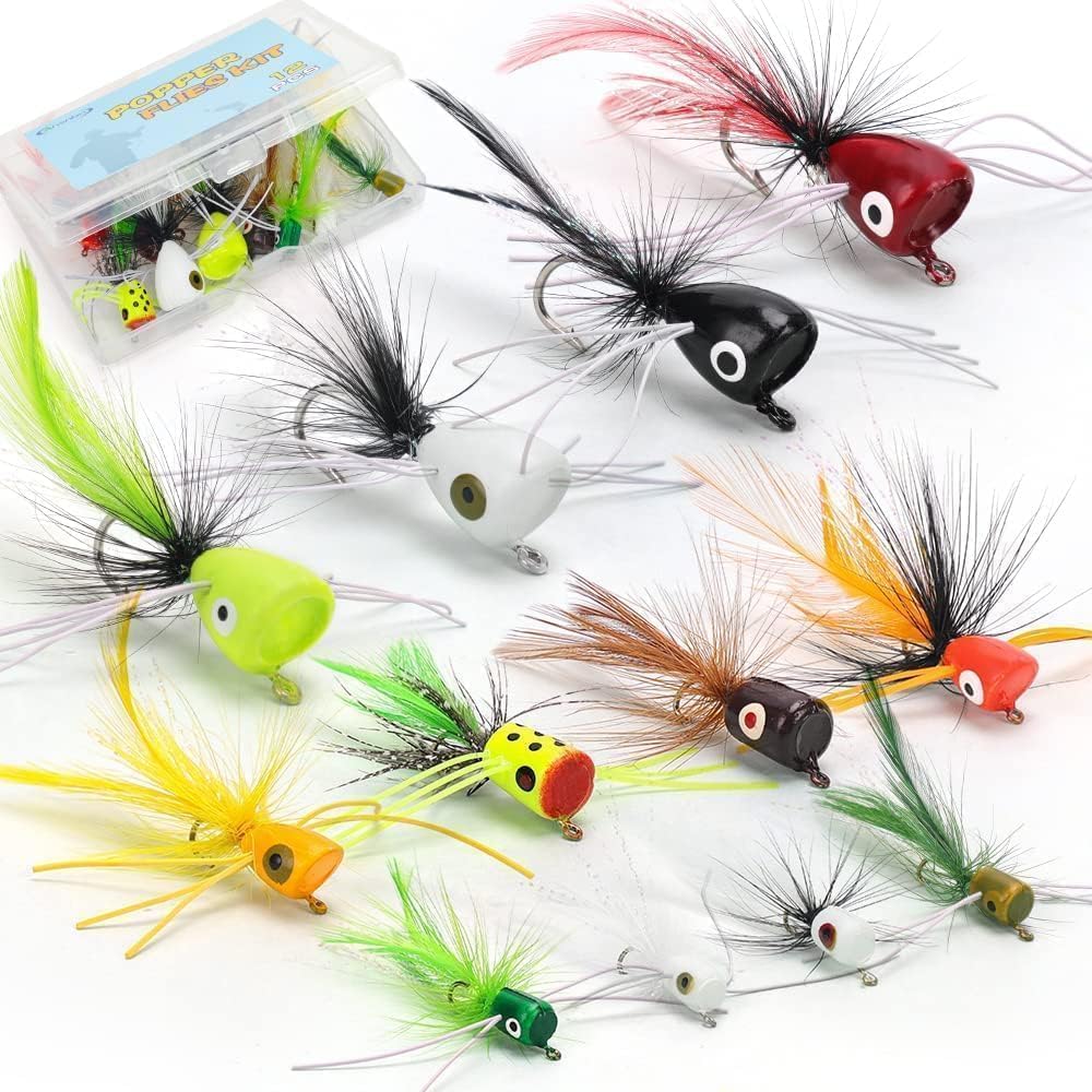 Premium 12-Pc Fly Popper Lures Kit for Bass, Trout, & More by Ansnbo