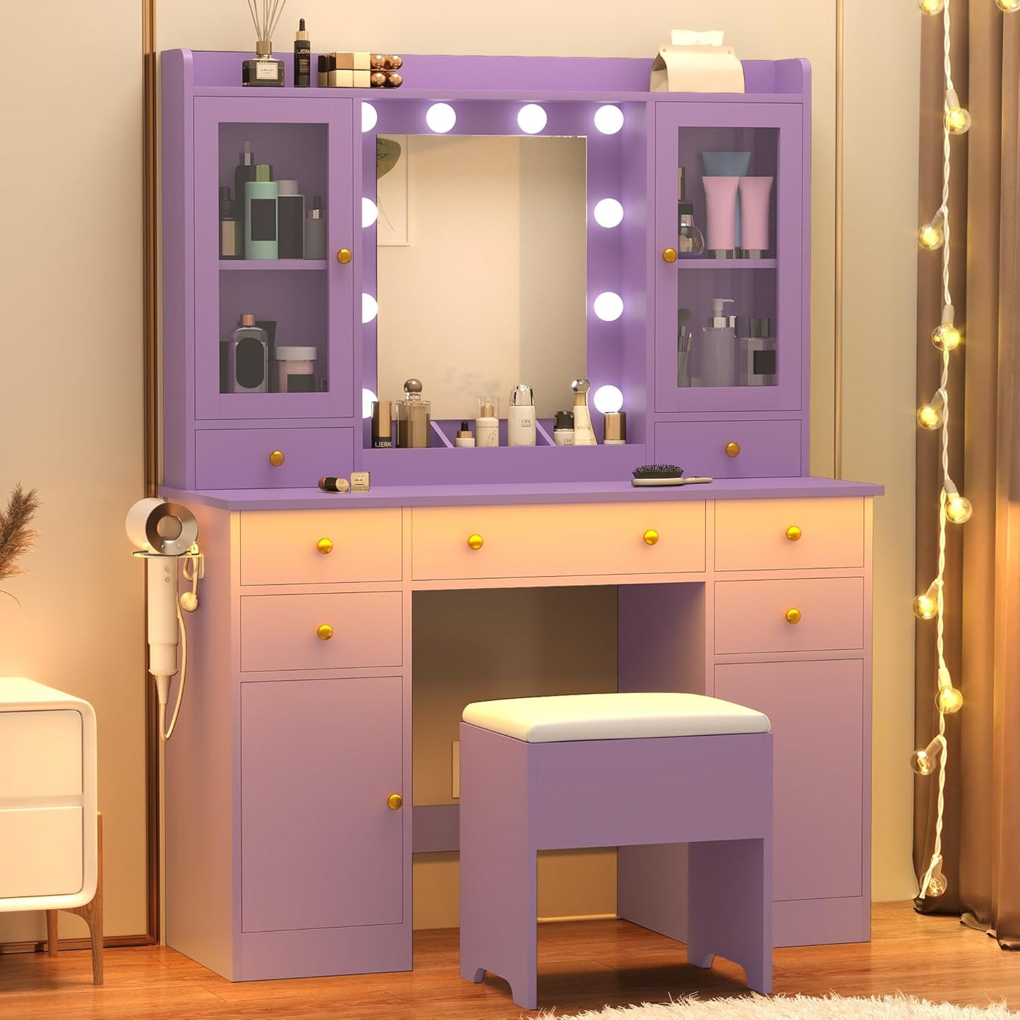 Elegant 43 in Purple Makeup Vanity Desk with Mirror & Lights