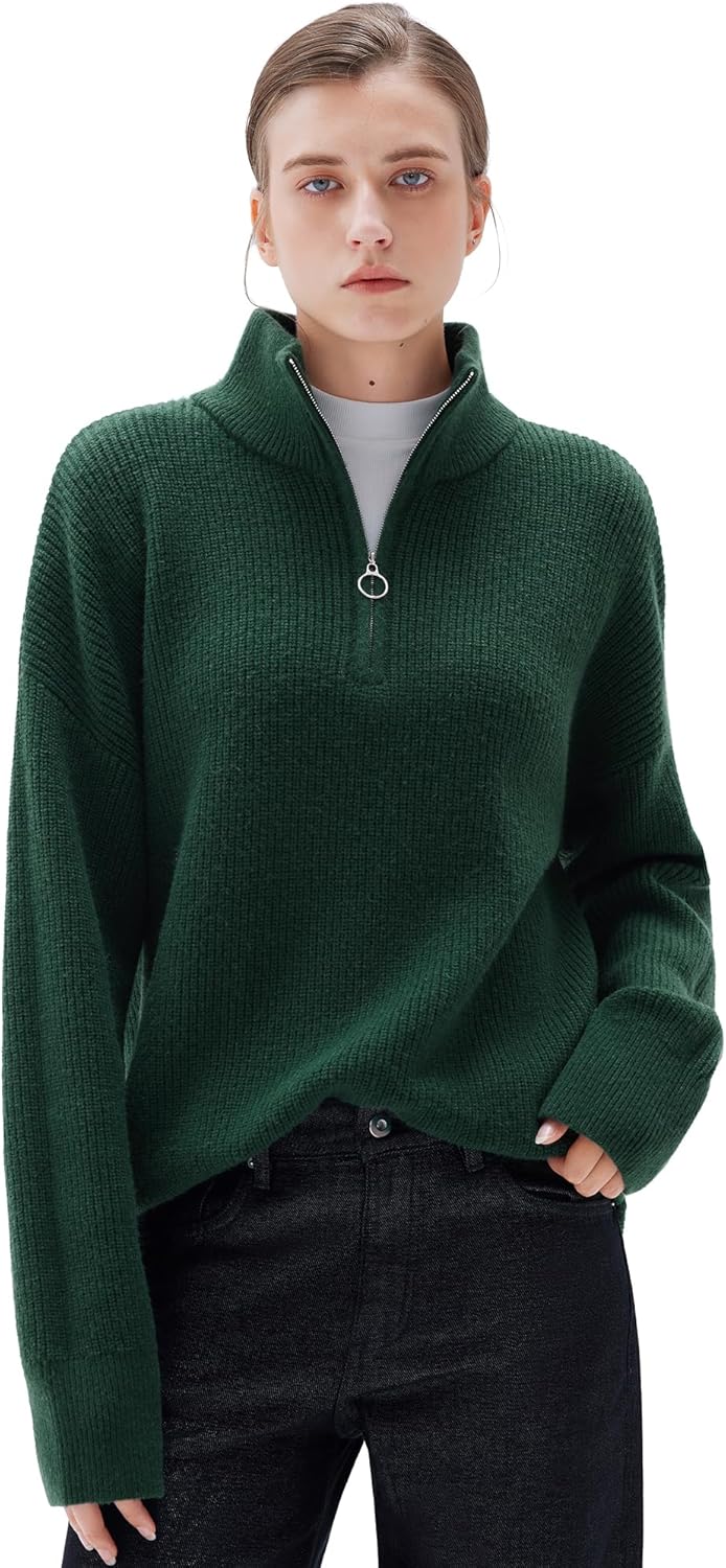 Cashmere Oversized Quarter Zip Pullover Sweater for Women