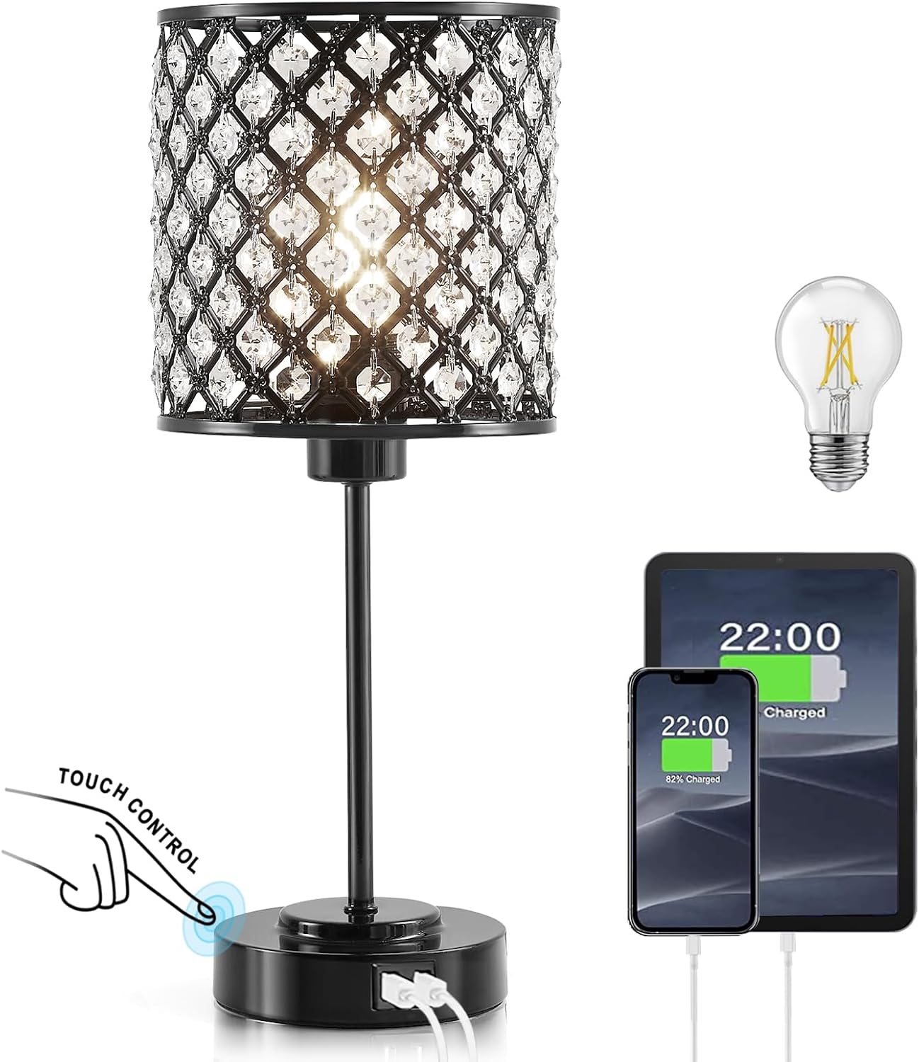 Crystal Touch Control Table Lamp with USB Ports for Dimming