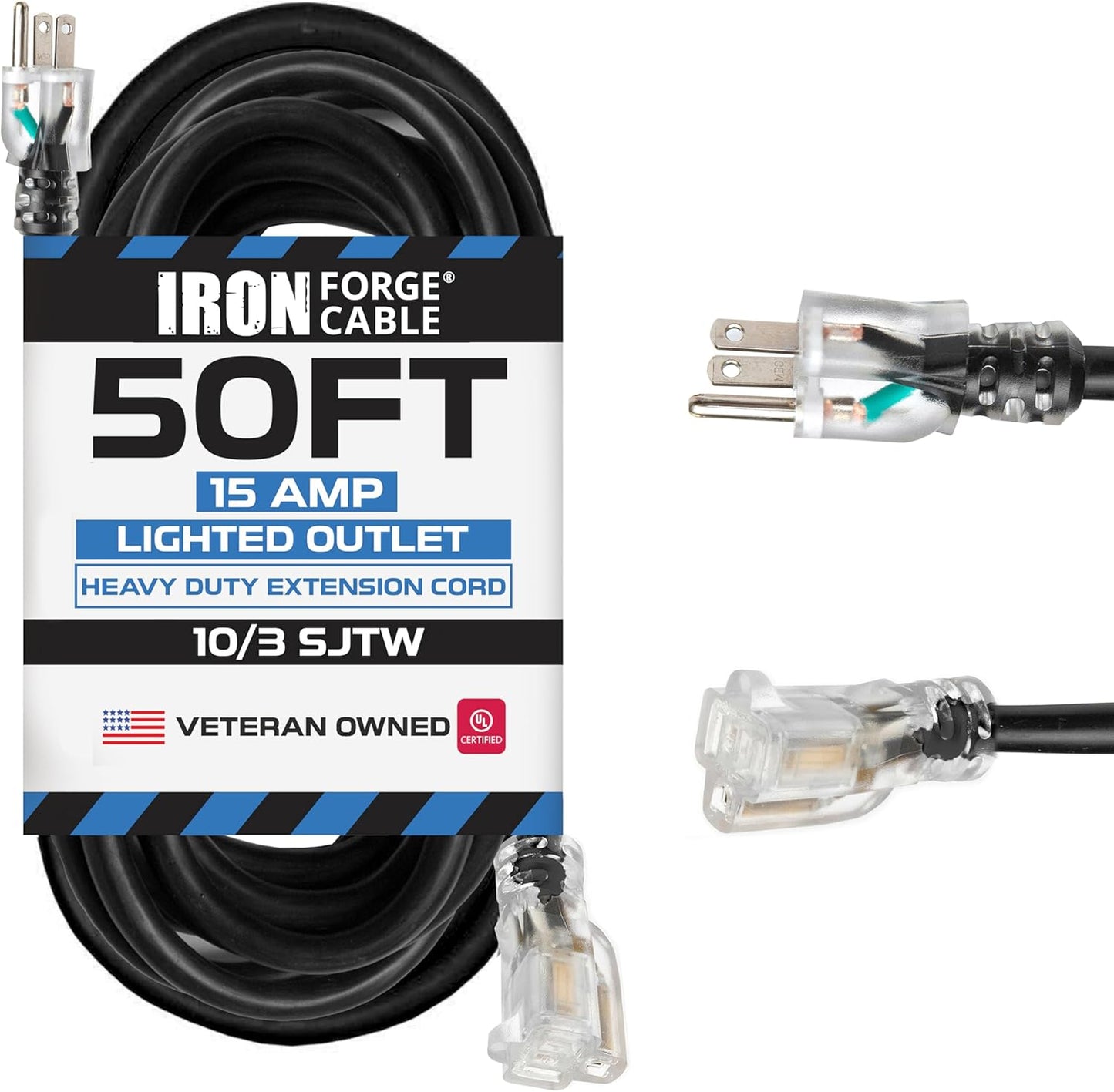 50 ft Lighted Outdoor Extension Cord - Heavy Duty 10/3 Cable