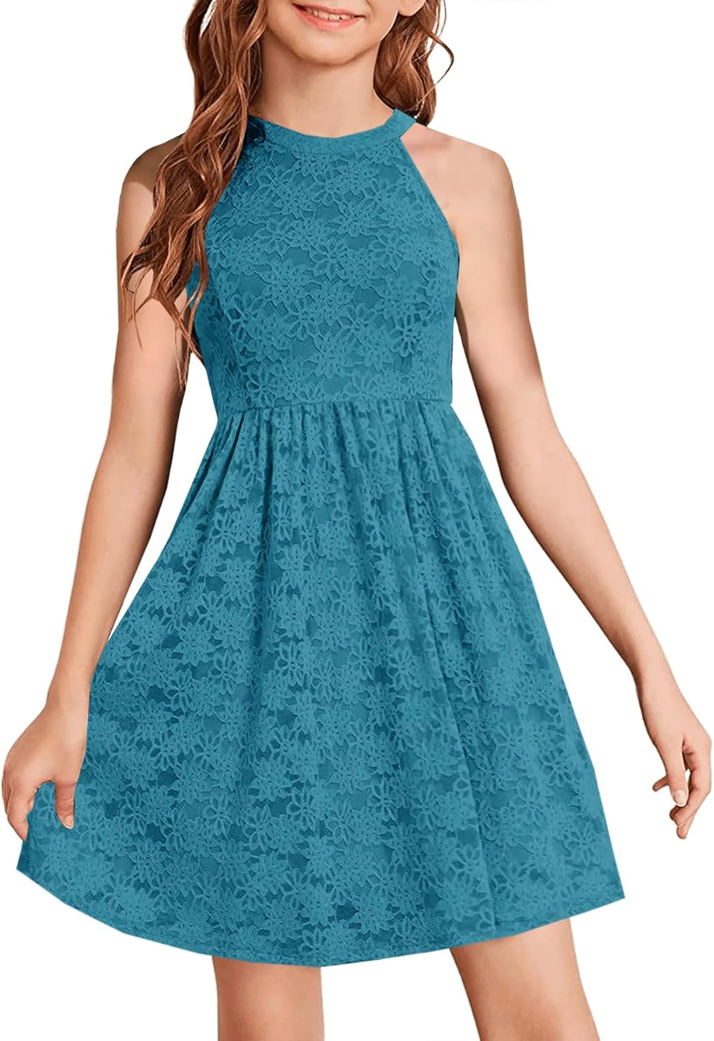 Elegant Floral Lace A-line Flared Swing Dress for Girls 6-12