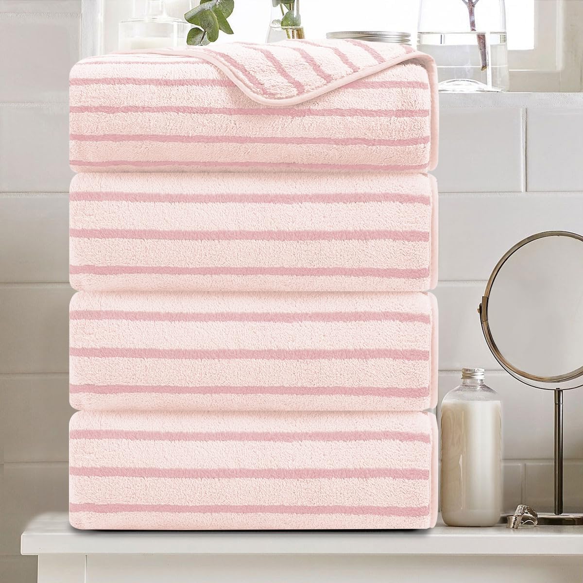 4 Piece Pink Cabana Stripe Bath Towels Set for Ultimate Comfort