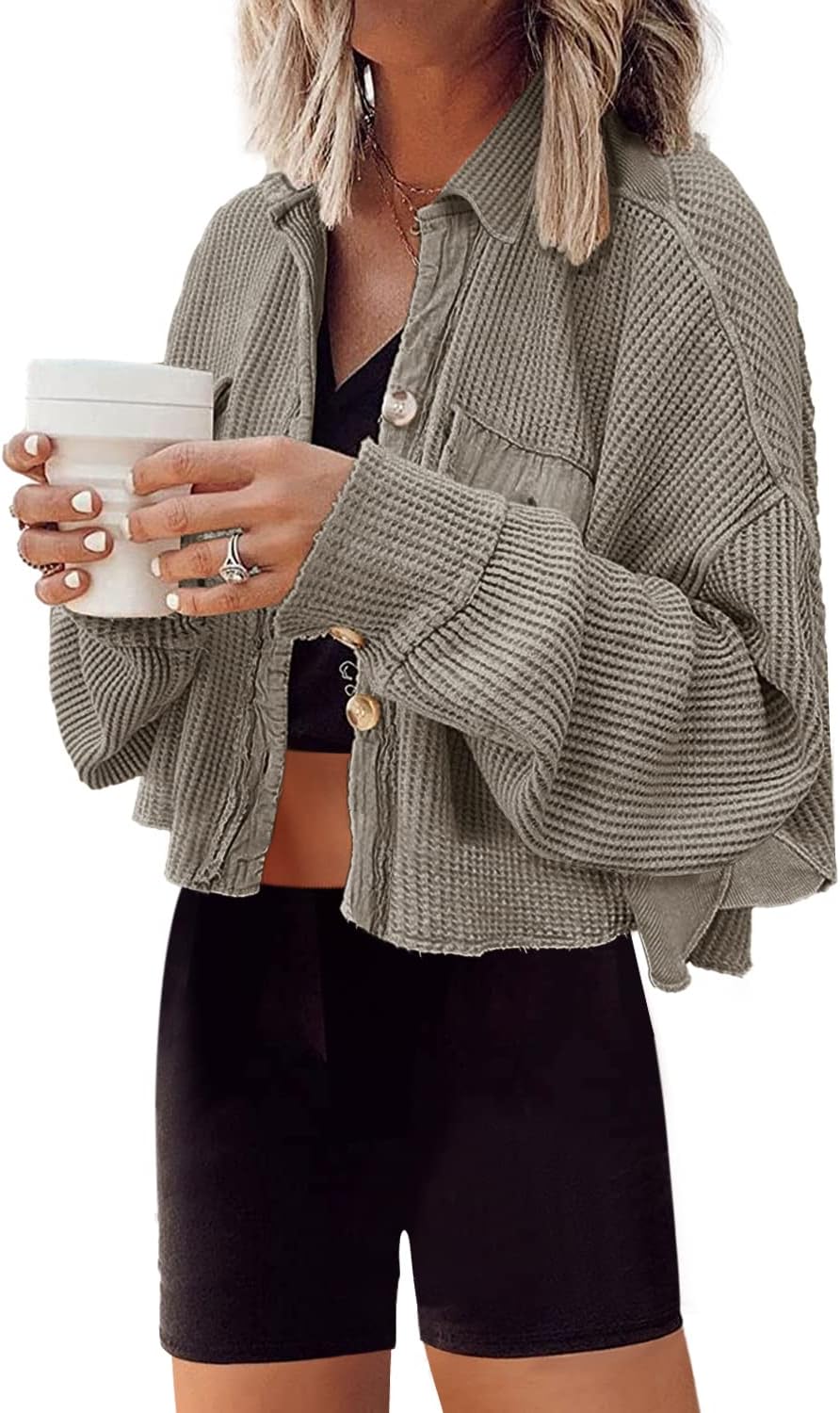 Cropped Waffle Knit Shacket for Women - Stylish and Comfy