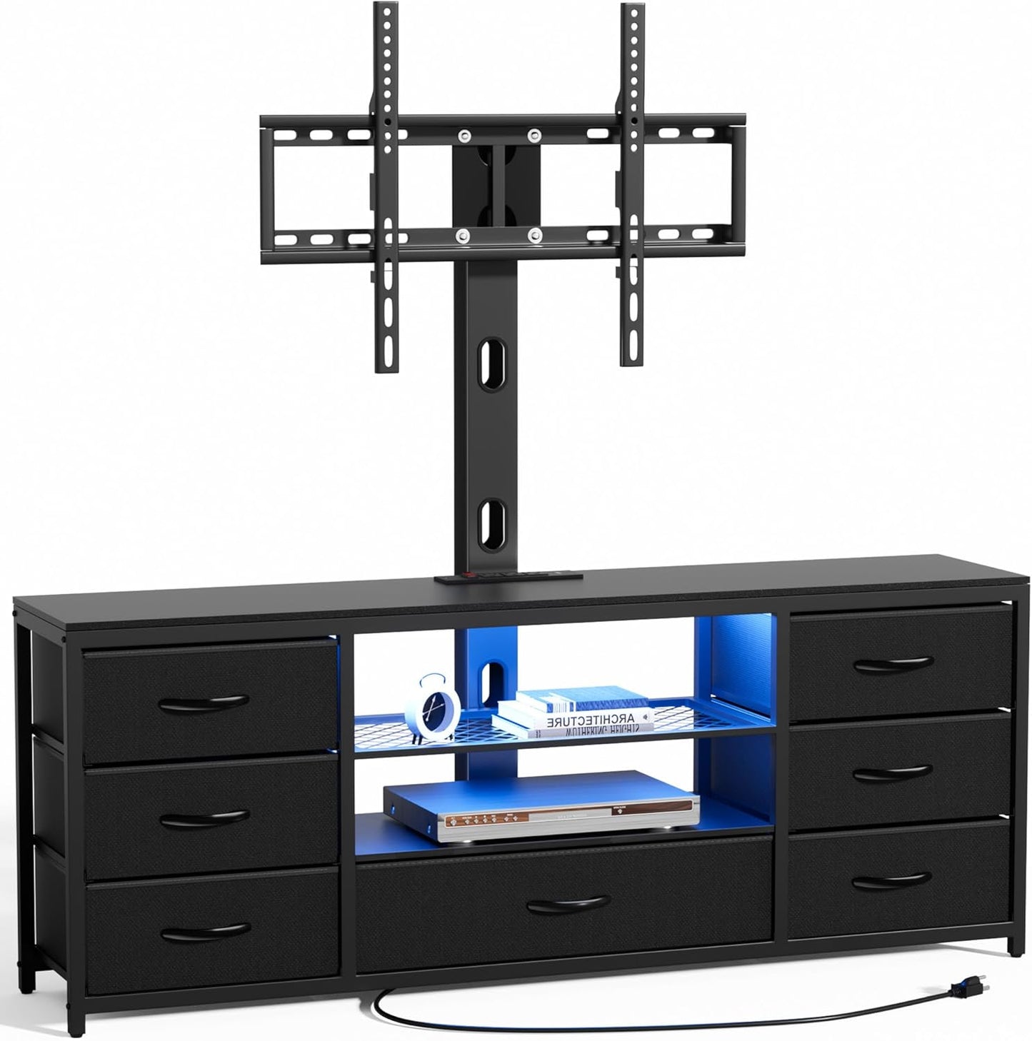 Black TV Stand with Mount & Drawers, LED Entertainment Center for 32-70 TVs, Power Outlets, Open Shelves