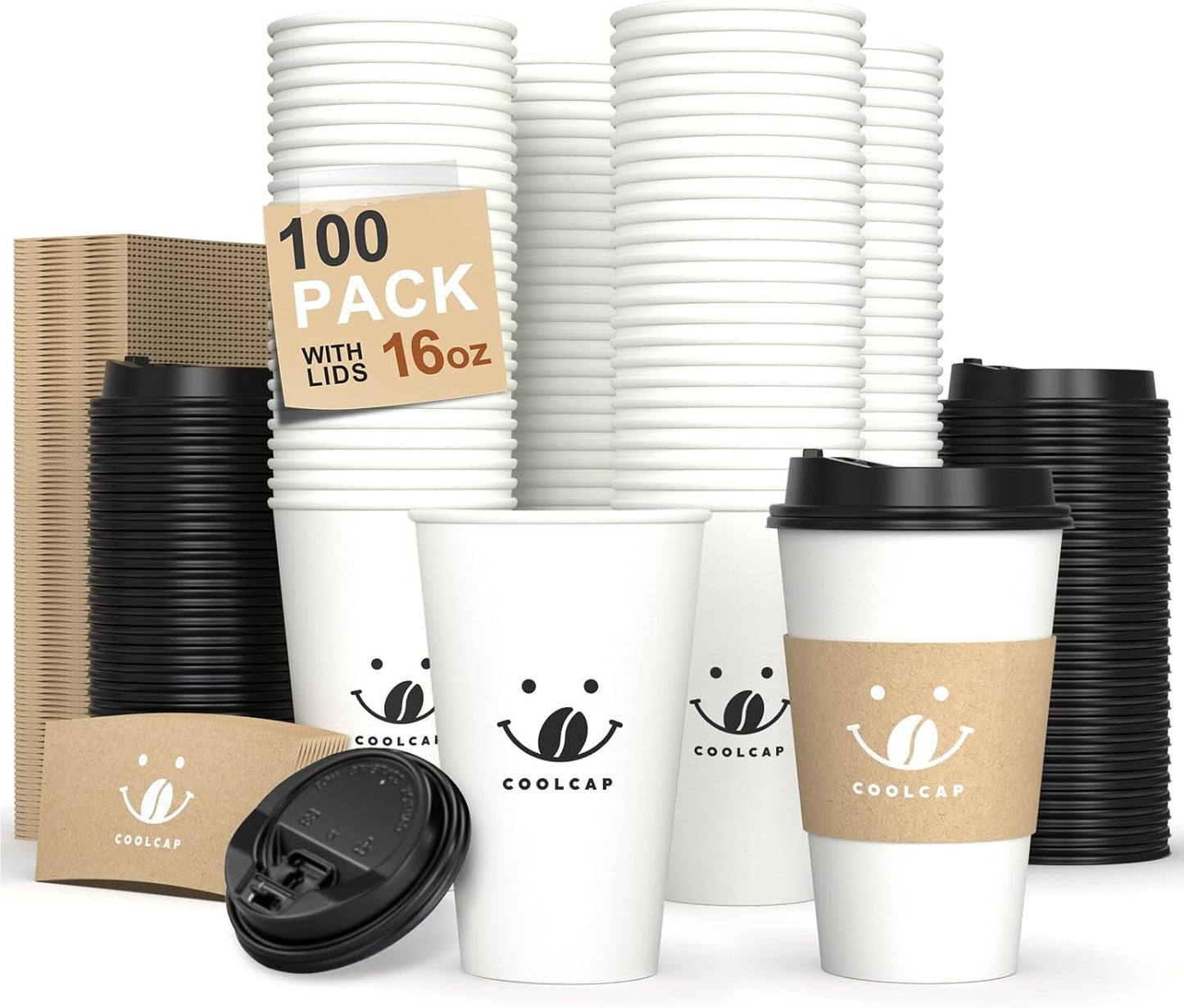 Hot Coffee Paper Cups 16oz 100pk with Lids & Sleeves - Coolcap