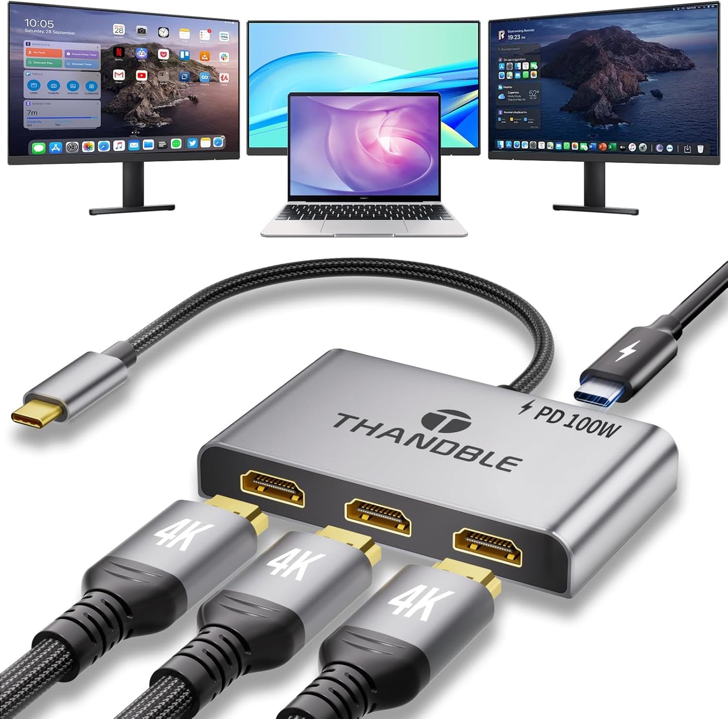USB C to 3 HDMI Adapter for Triple 4K60Hz Monitor Setup