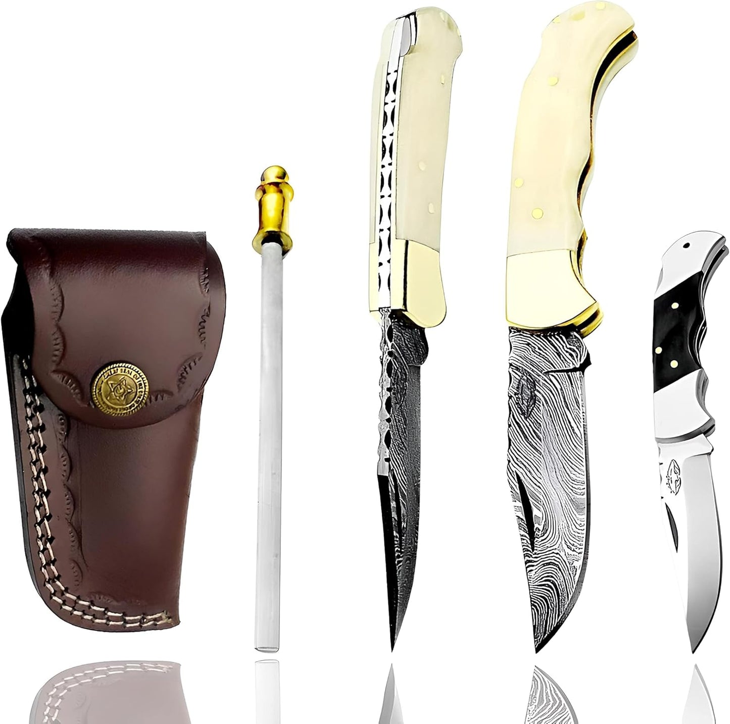 Damascus Pocket Folding Knife with Blue Wood Handle for Men