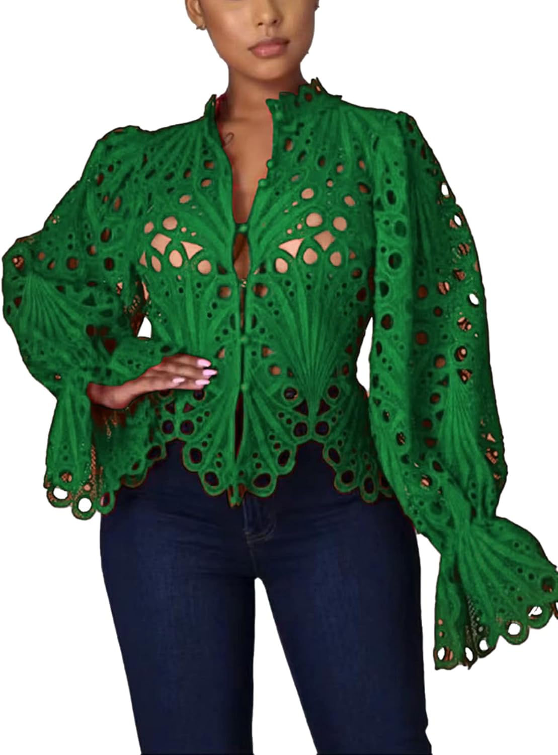 Doweha Womens Sexy Ruffle Long Sleeve Summer Lace Tops