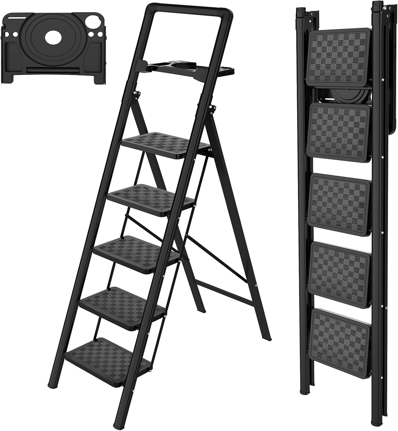 HBTower 5 Step Ladder - Portable Sturdy Steel Folding Stool