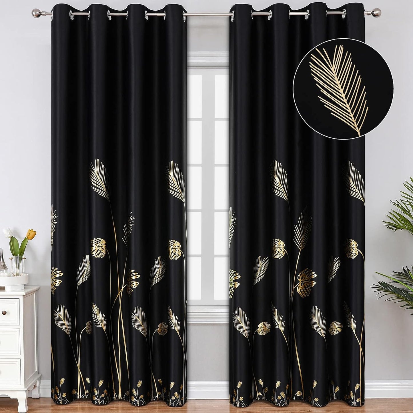 Estelar Textiler Blackout Curtains Set with Gold Leaf Design