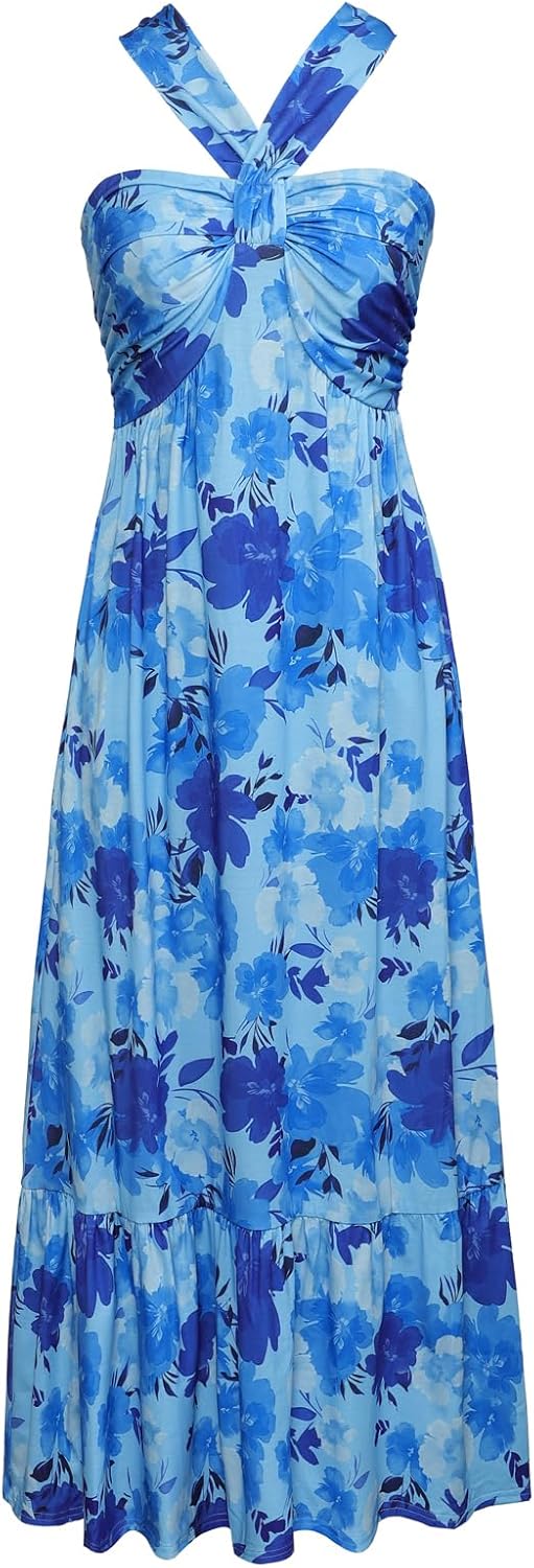 Floral Print Maxi Dress for Women - Criss Cross Halterneck Style