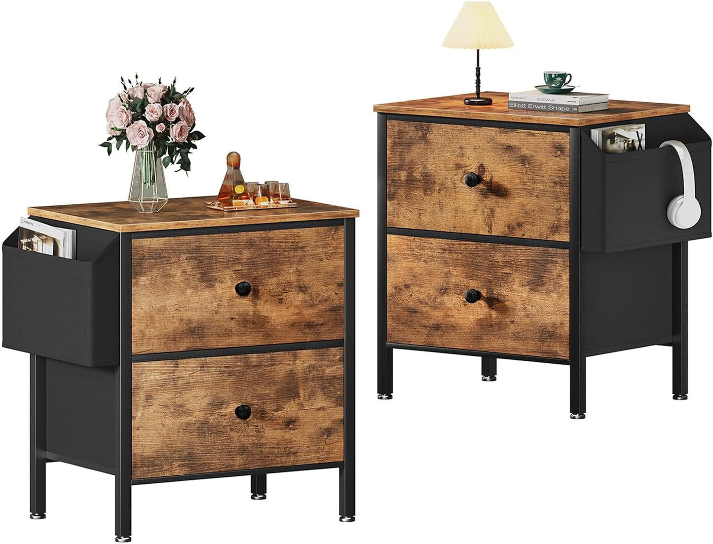 BOLUO Nightstands Set of 2 with Drawers for Small Spaces