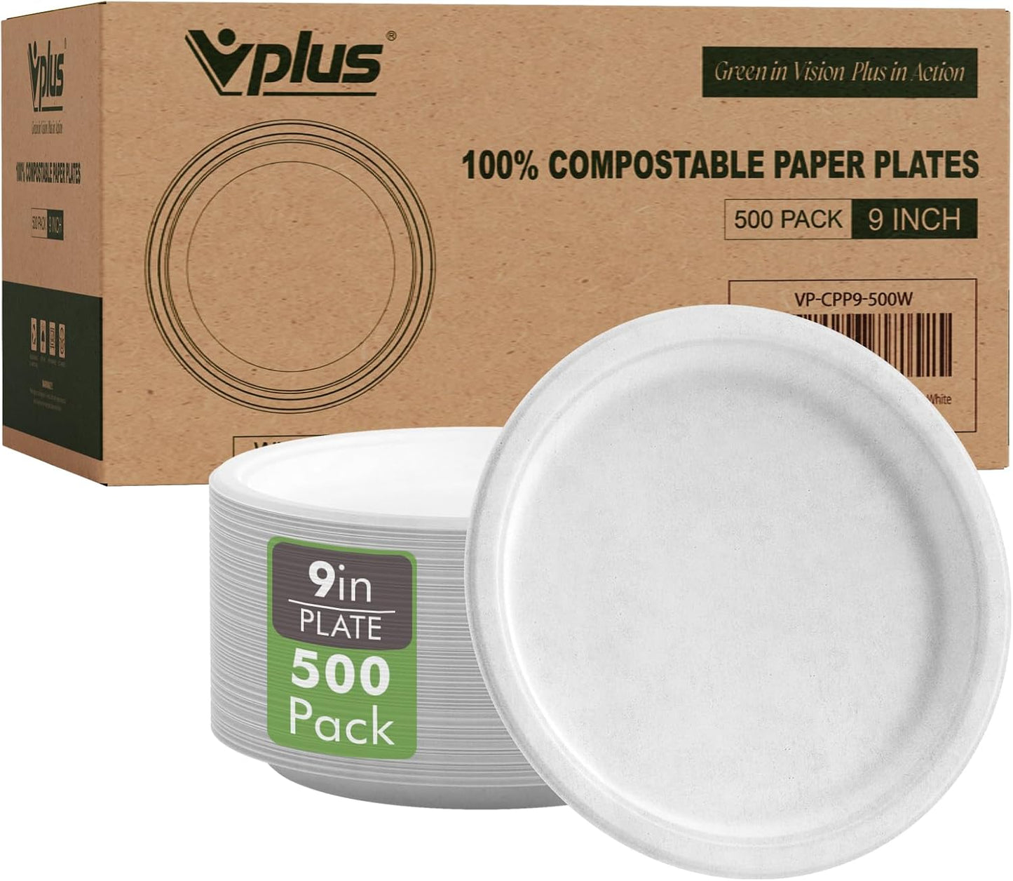 Vplus 500 Pack Compostable Paper Plates for Eco-Friendly Dining