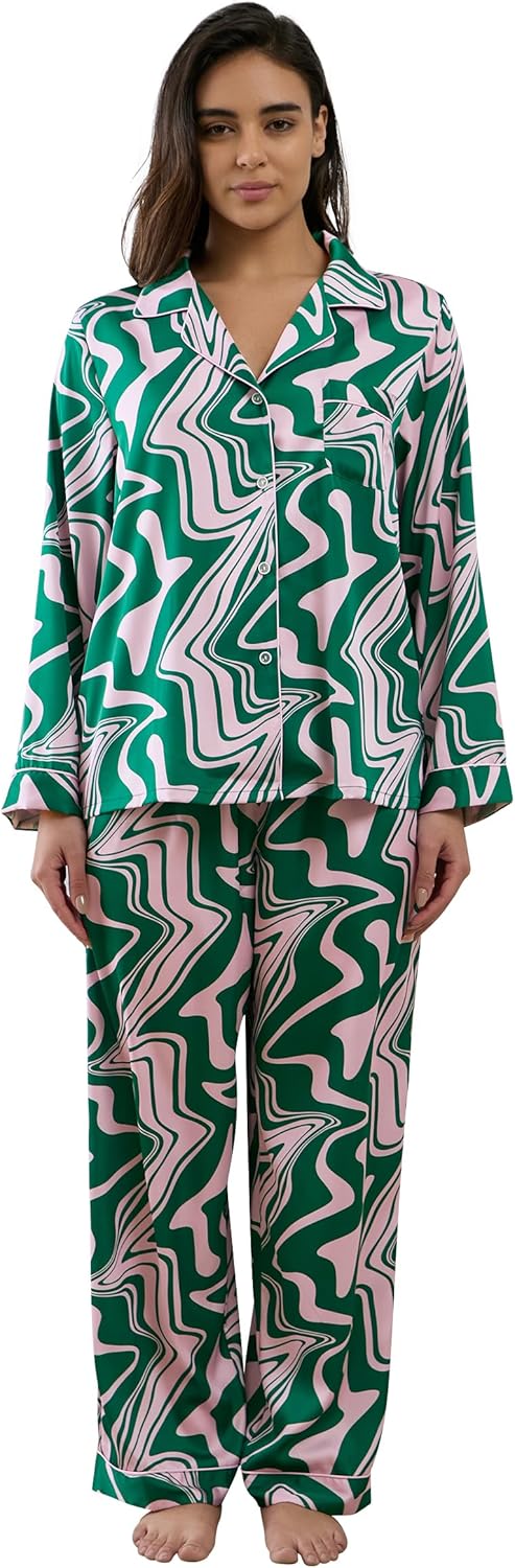 Womens Silk Satin Pajamas Set Button Down 2 Piece Pjs Long Sleeve