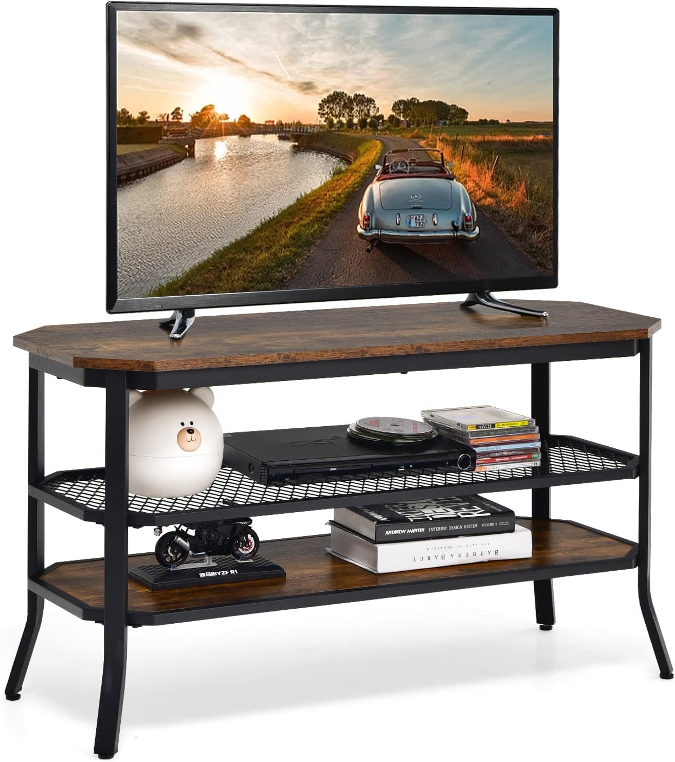 Industrial TV Stand with Mesh Shelf - Rustic Brown