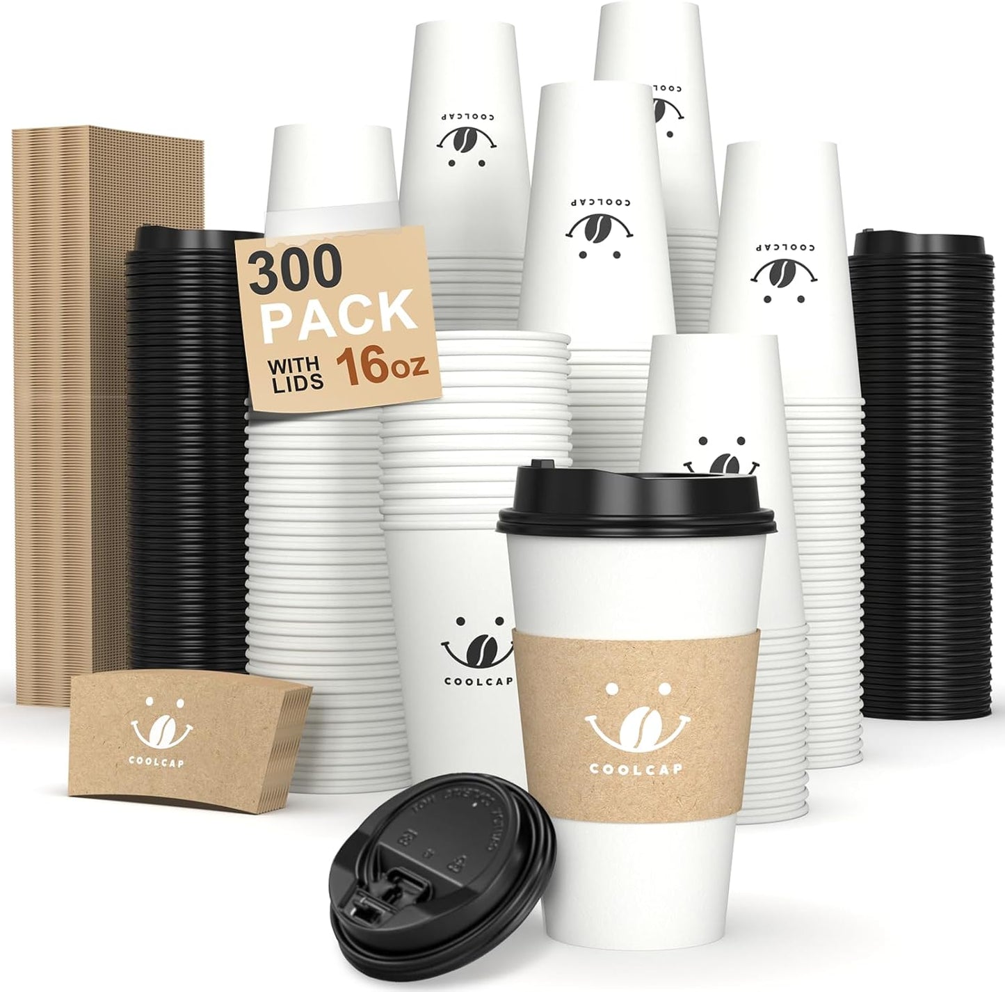 16 oz Disposable Coffee Cups with Lids and Sleeves, 300 Pack