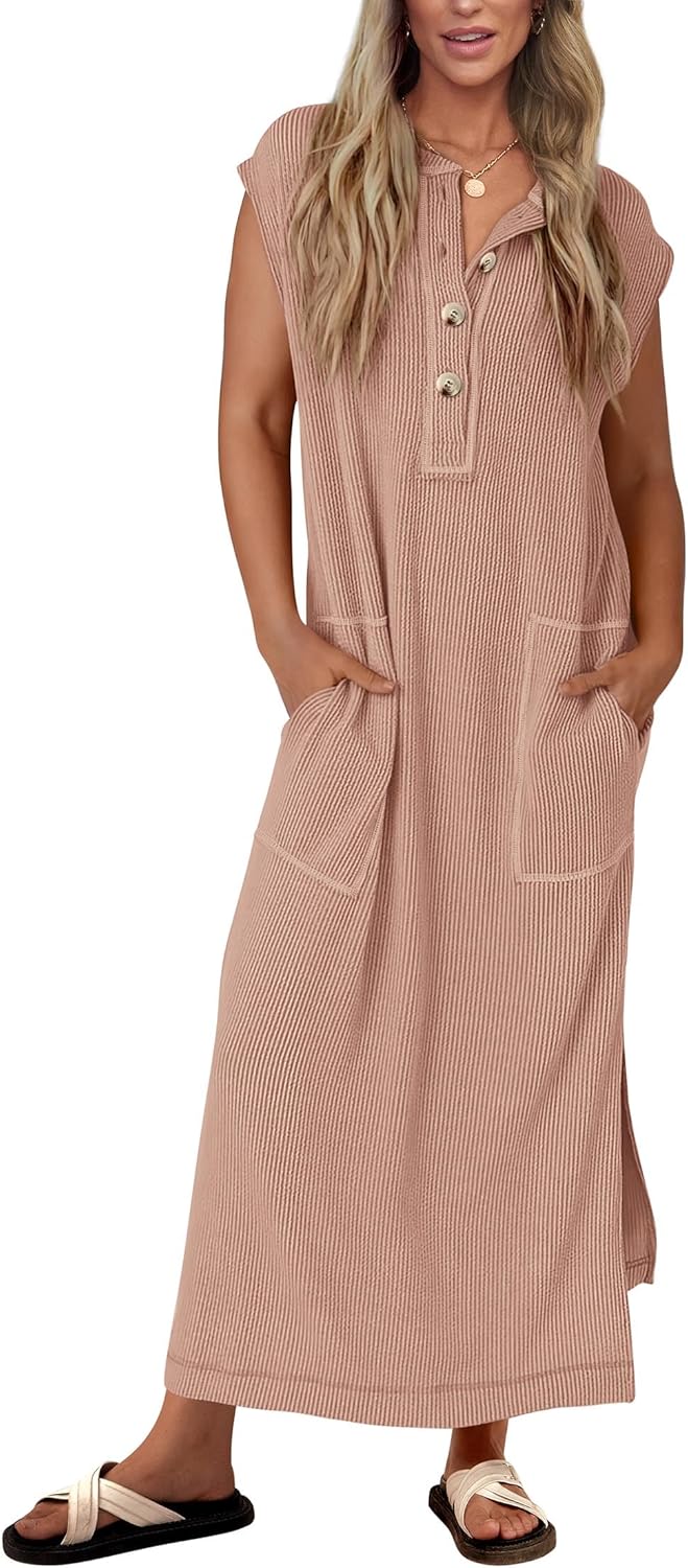 KIRUNDO Womens Summer Dresses Ribbed Knit Henley Maxi Dress