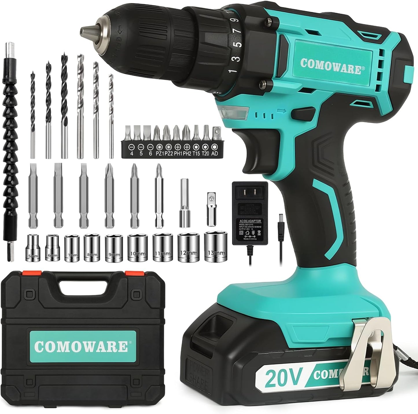 COMOWARE 20V Cordless Drill Set with Battery and Charger