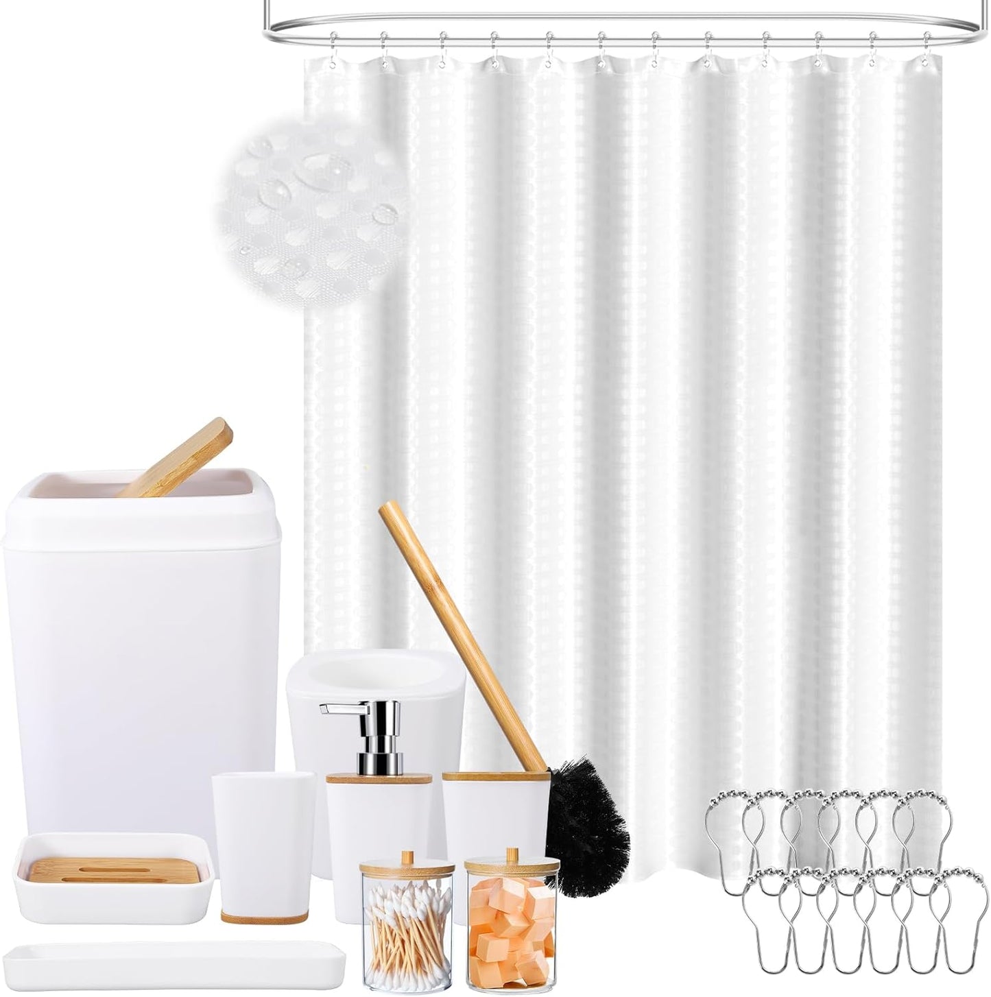 Complete White Bathroom Accessories Set with Waffle Shower Curtain