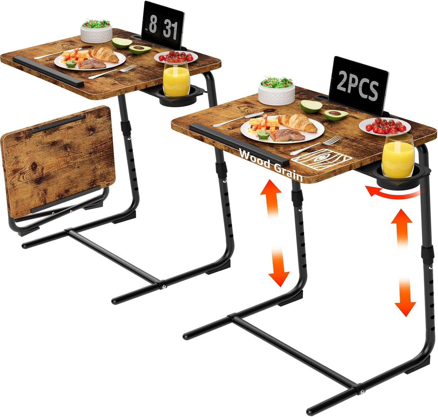 Folding TV Tray Set of 2 - Adjustable Dinner Trays for Couch