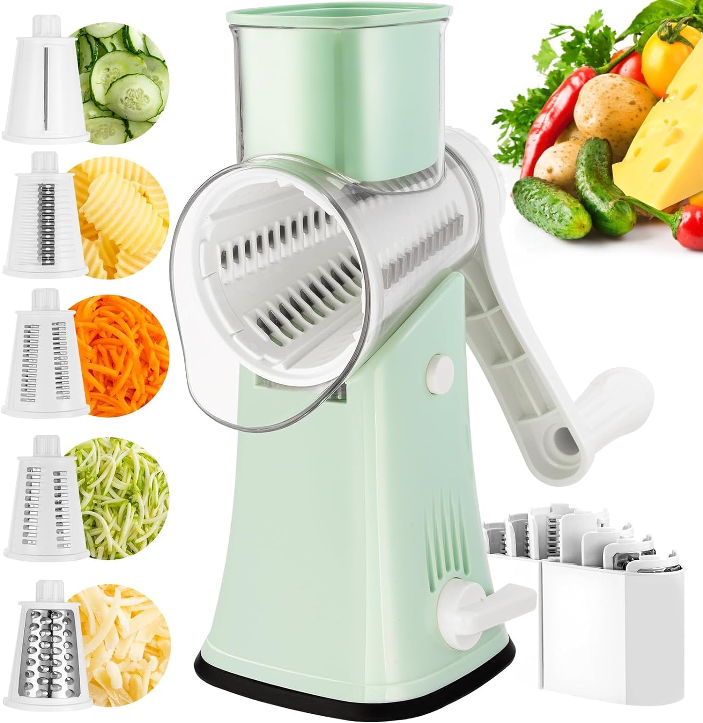 VEKAYA Rotary Cheese Grater with 5 Blades for Easy Shredding