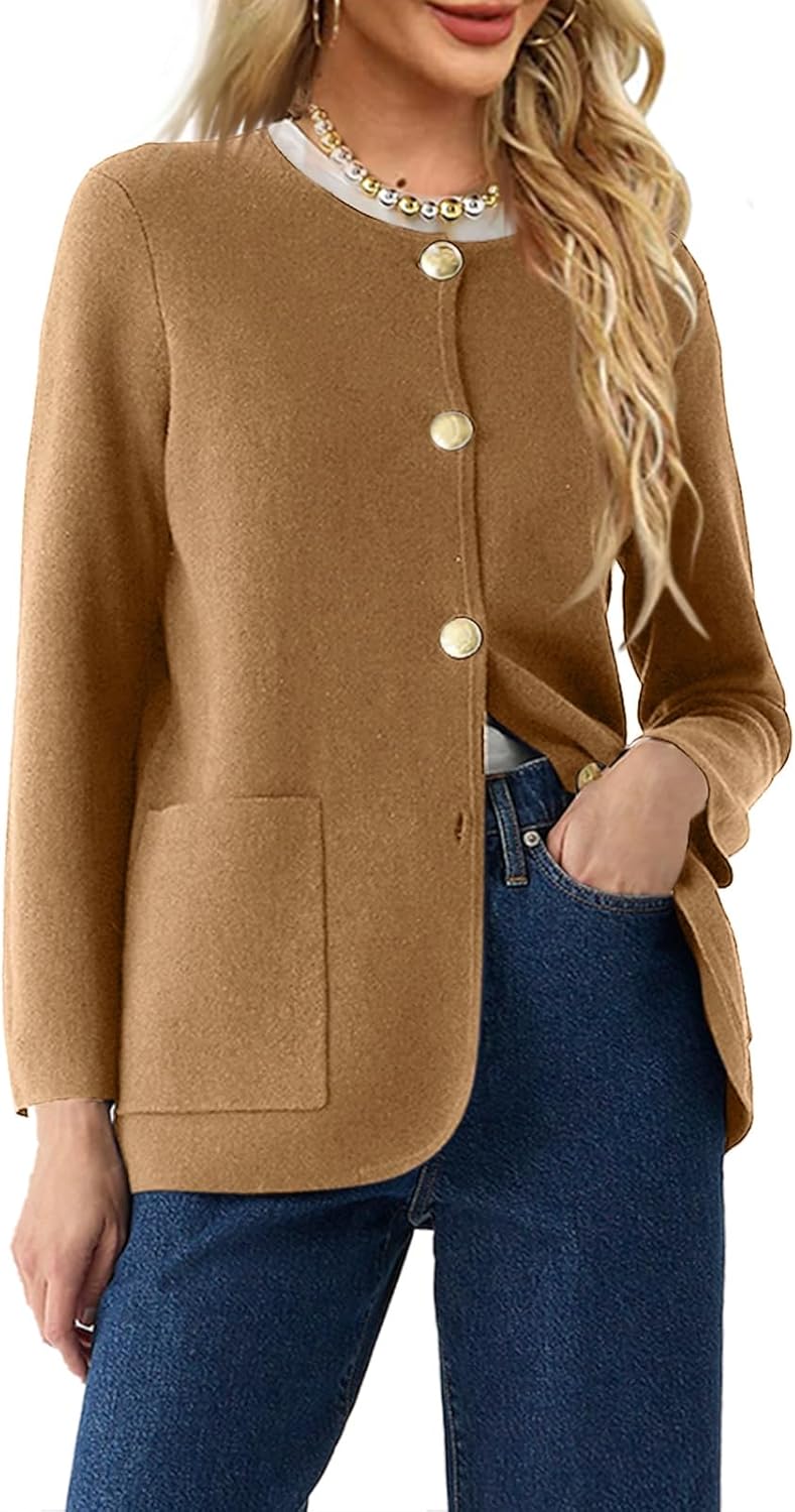 Langwyqu Womens Crew Neck Button Down Cardigan Sweater Blazer