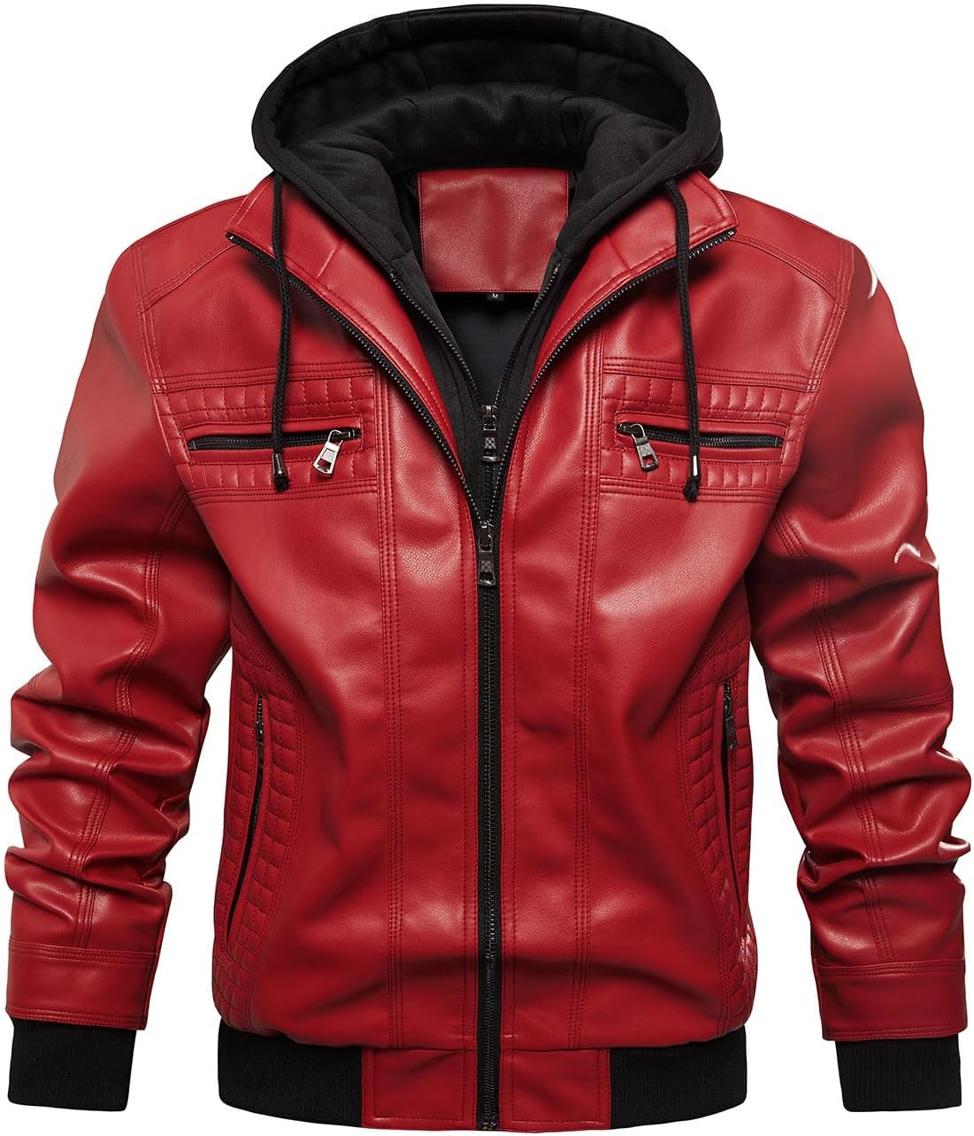Men's Leather Motorcycle Bomber Jacket with Removable Hood