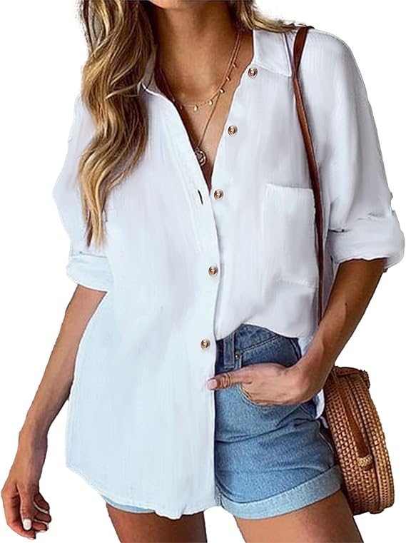 HOTOUCH Womens Cotton Button Down Shirt for Casual Work Wear