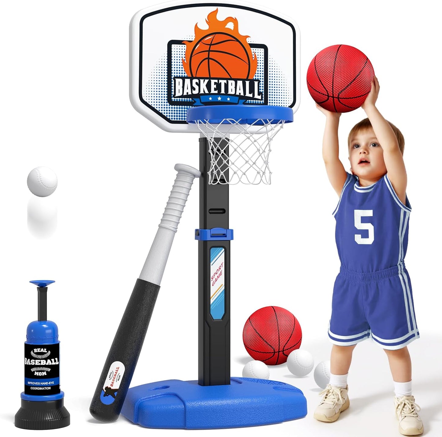 2 in 1 Toddler Basketball Hoop and T Ball Set for Kids Fun