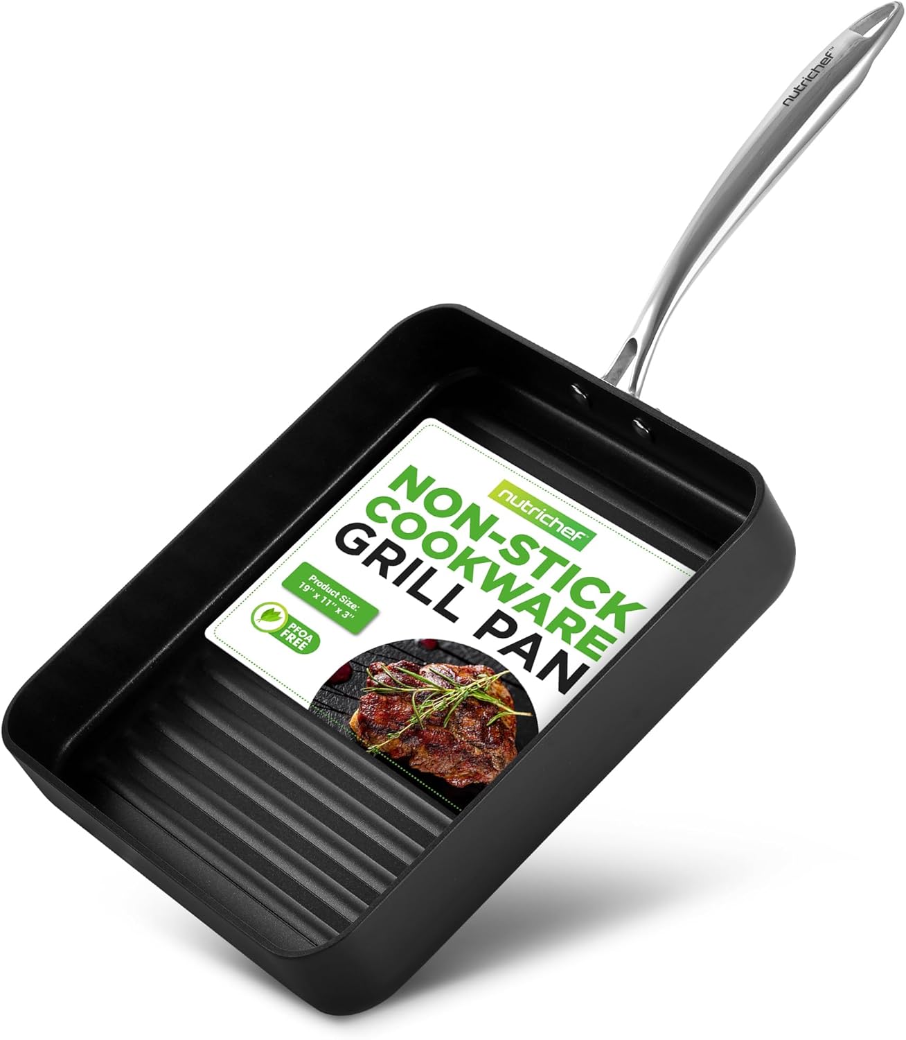 NutriChef 11 Inch Non Stick Grill Pan with High Ridges for Cooking