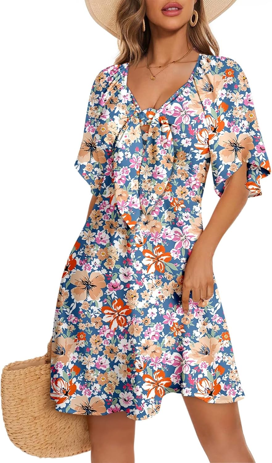 Dokotoo Womens Dresses Deep V Neck Elegant Bow Tie Mini Dress