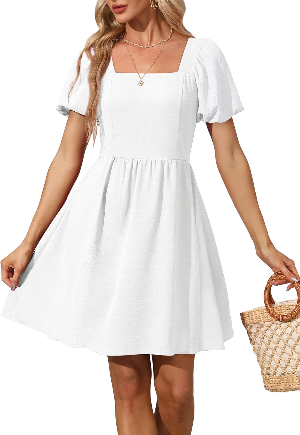 OFEEFAN Women Puff Sleeve Square Neck Tie Back Dress with Zipper