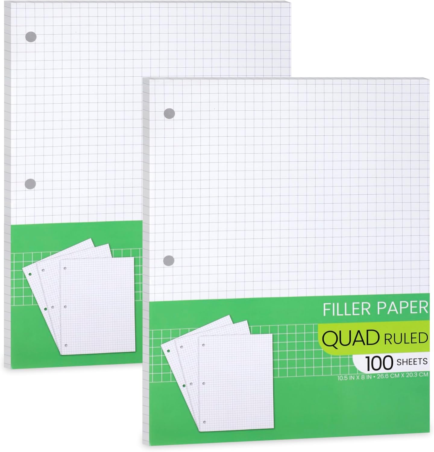 Graph Ruled Loose Leaf Paper - Quad Ruled Notebook - 3 Hole Punched - 100 Sheets x 2 Packs