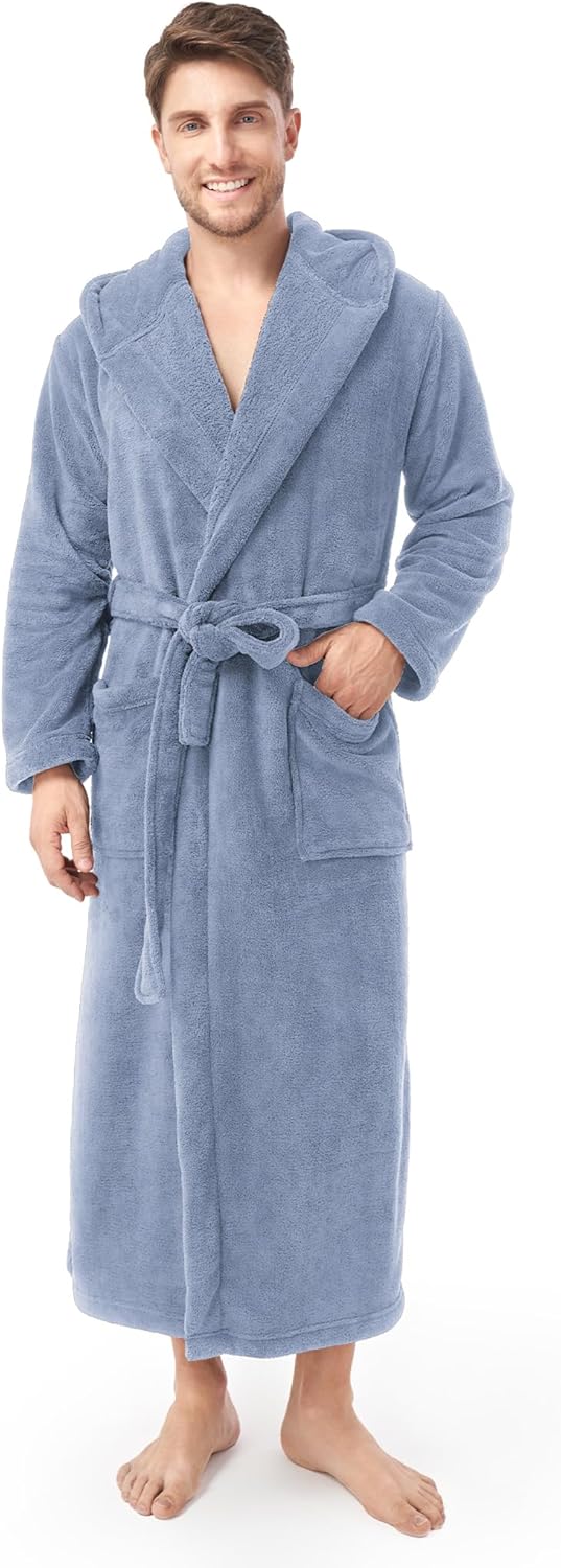 DAVID ARCHY Men's Hooded Robe Soft Coral Fleece Microfiber