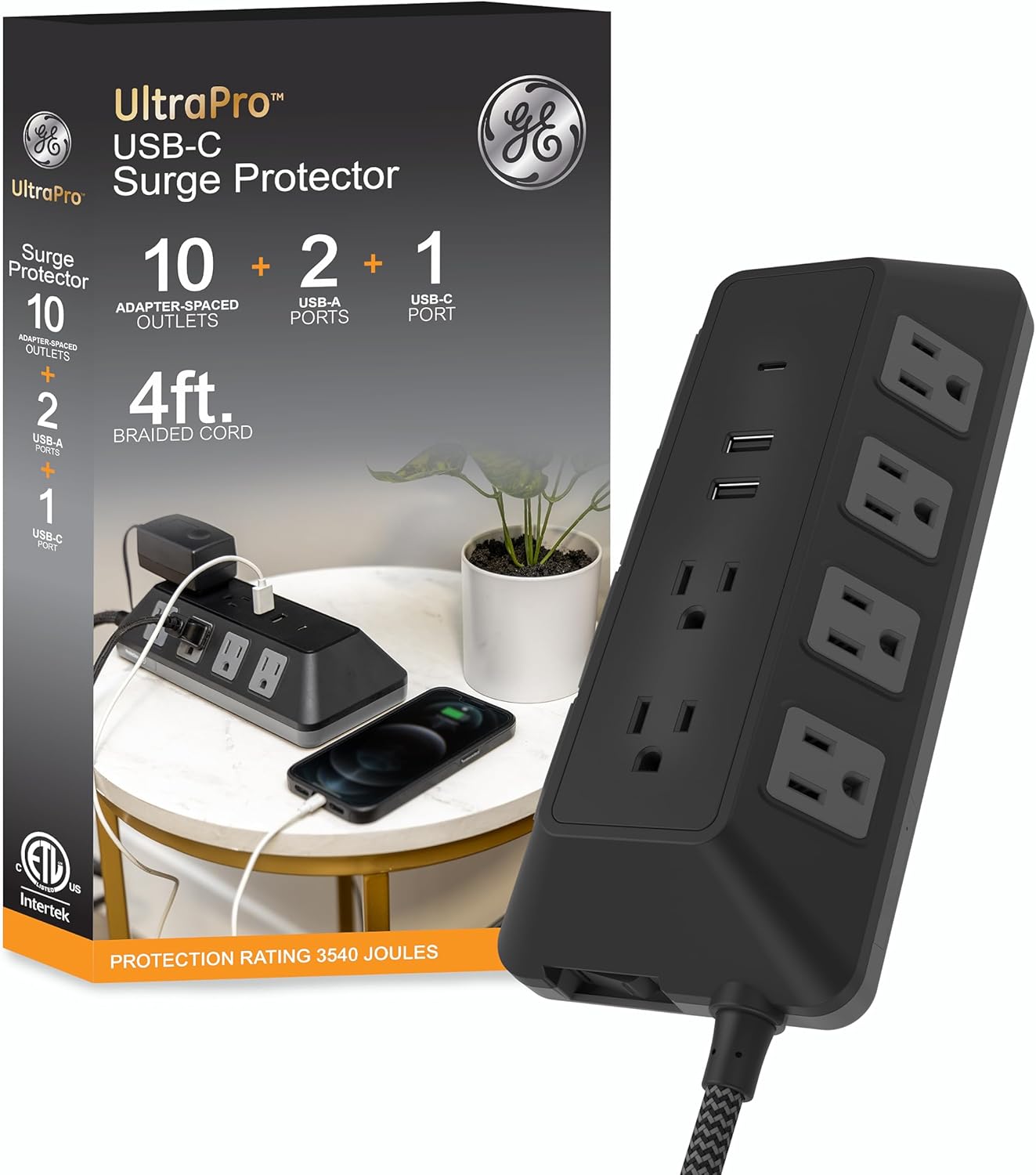 GE UltraPro Adapt Surge Protector with USB Ports and 10 Outlets