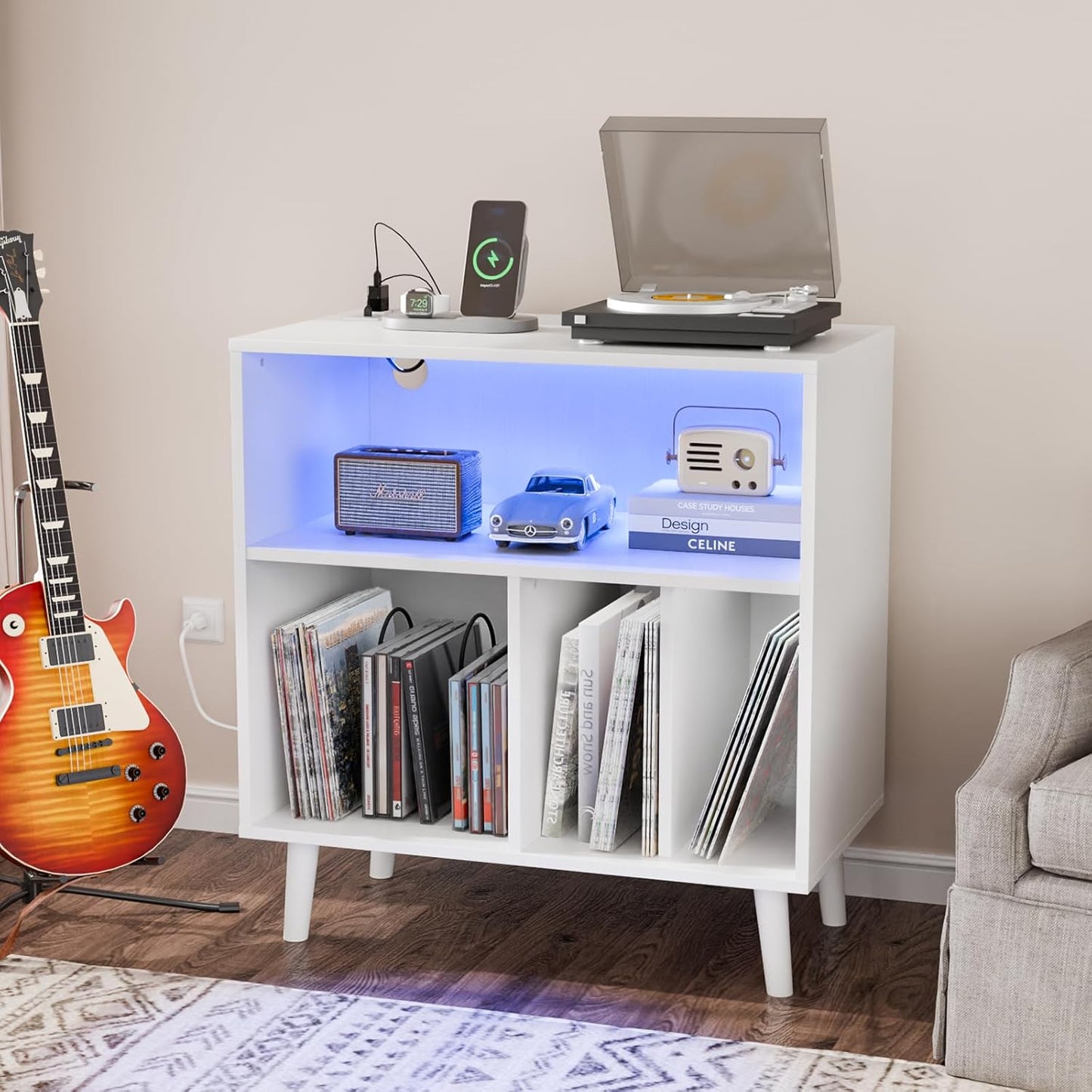 VINGLI Record Player Stand with Open Vinyl Storage and LED Light