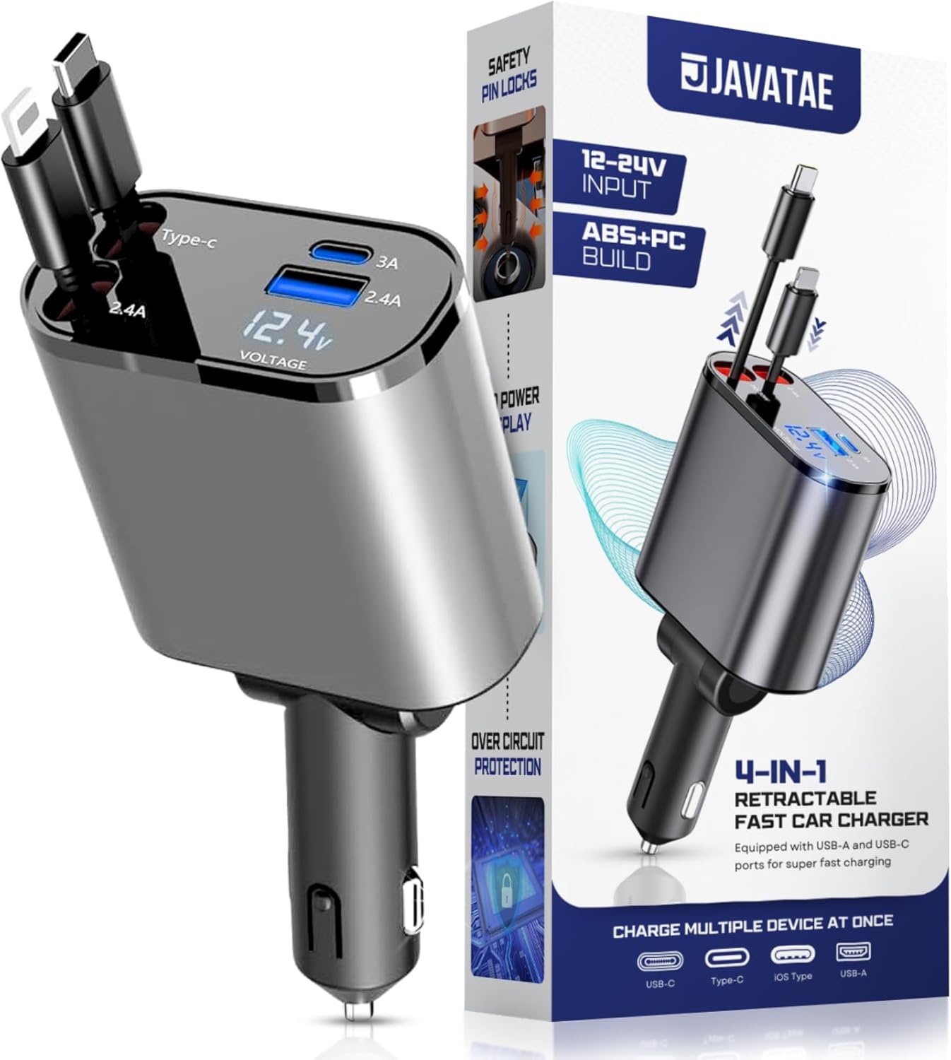 4-in-1 Retractable Fast Car Charger | Dual Cords, Multiple Devices