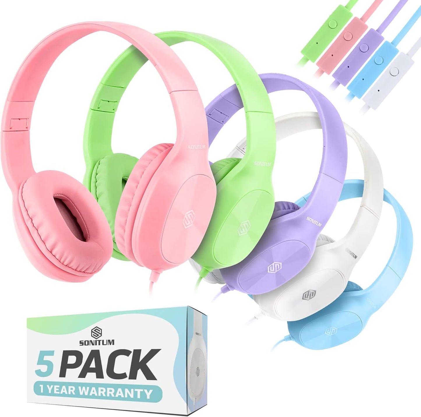Bulk Kids Headphones for School with Microphones - 5-Pack
