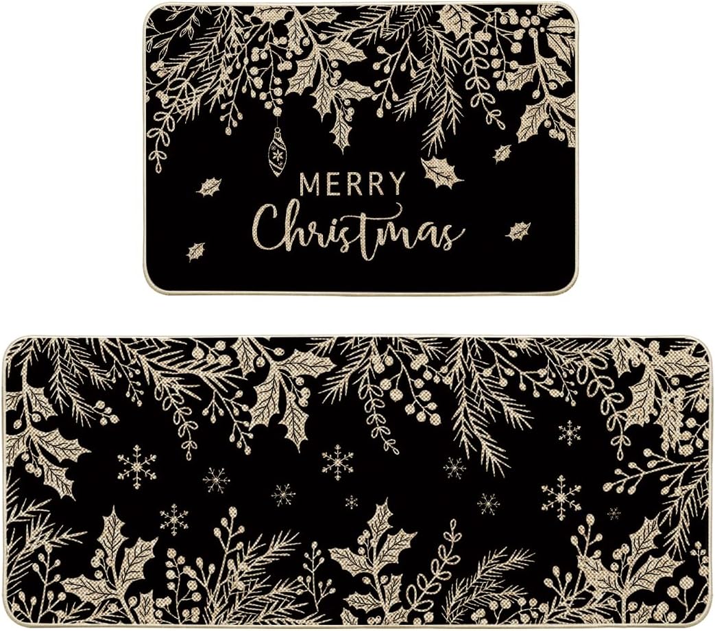 Artoid Mode Black Holly Pine Branches Kitchen Mats Set of 2