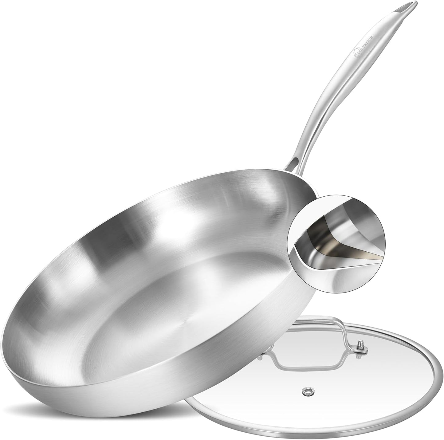 12 Inch Tri-Ply Stainless Steel Frying Pan with Lid for Cooking