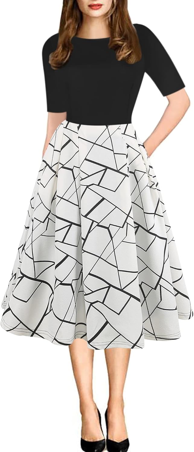 Oxiuly Women's Vintage Patchwork Pockets Swing Dress Review