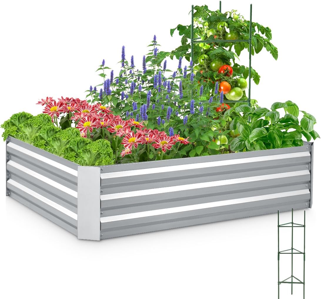 Quictent Galvanized Raised Garden Bed with Tomato Cage for Plants