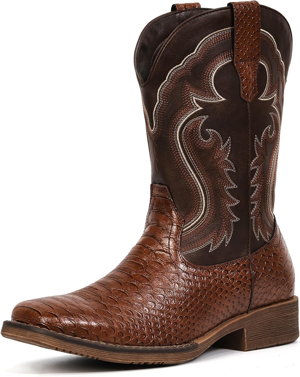 IUV Cowboy Boots for Men with Faux Snake Skin and Embroidery