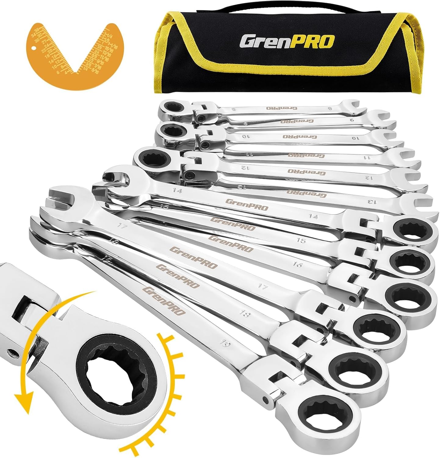 13 Piece Flex Head Ratcheting Wrench Set for Mechanics and DIY