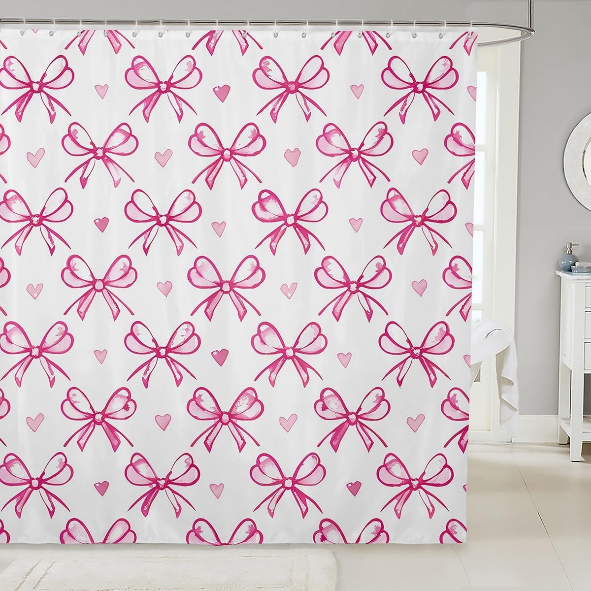 Princess Pink Bow Heart Shower Curtains - Girly & Romantic 72x84 - Manfei